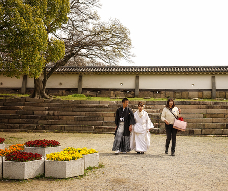 Kyoto, Japan - Oct 4, 2016. A couple wearing kimono at the park in Kyoto, Japan.のeditorial素材