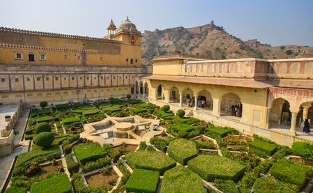Jaipur, India - Nov 3, 2017. Amber Fort with garden in Jaipur, India. Nostalgic Amber Fort is one of the most well-known and most-visited forts in India.のeditorial素材