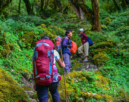 Khopra, Nepal - Oct 22, 2017. Trekkers with backpack walking on trail of Annapurna Circuit Trekking in Khopra, Nepal.のeditorial素材