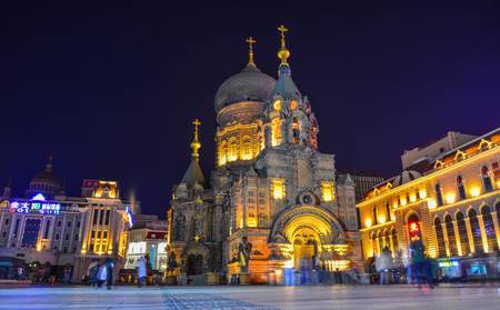 Harbin, China - Feb 26, 2018. View of Saint Sophia Cathedral at night in Harbin, China. The church was built in 1907 after the completion of the Trans-Siberian Railway.のeditorial素材