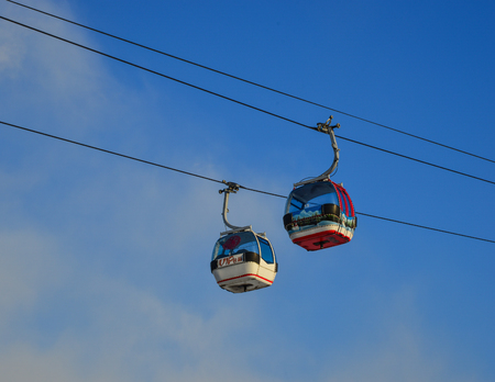 Harbin, China - Feb 22, 2018. Cable car at sunny day in Harbin, China. Harbin is largest city in the northeastern region of China.のeditorial素材