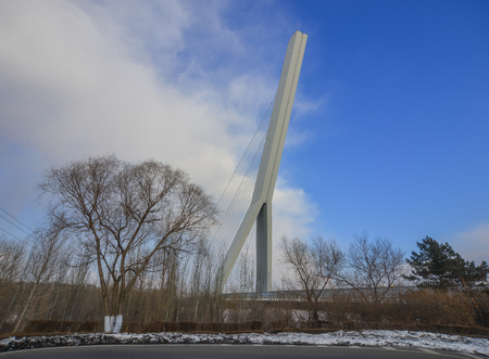 View of cable bridge in Harbin, China. Harbin is largest city in the northeastern region of China.の写真素材