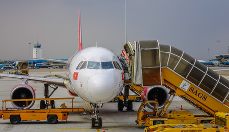 Dalat, Vietnam - Apr 17, 2018. A passenger airplane of Vietjet Air docking at Lien Khuong Airport...