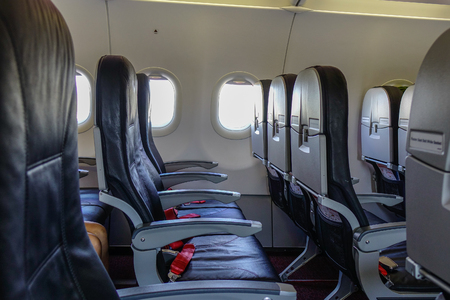 Saigon, Vietnam - Apr 20, 2018. Interior of a Vietjet Air airplane at Tan Son Nhat Airport in Saigon (Ho Chi Minh City), Vietnam.の写真素材