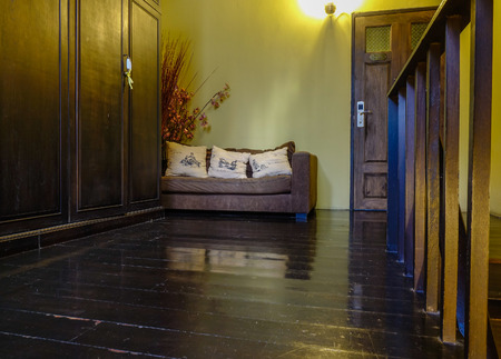 Bangkok, Thailand - Apr 22, 2018. Interior of vintage wooden hotel at Chinatown in Bangkok, Thailand.のeditorial素材