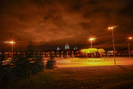 City park at night in St. Petersburg, Russiaの写真素材