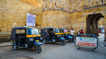 Jaisalmer, India - Nov 8, 2017. Tuk tuk taxis waiting at Jaisalmer Fort. Jaisalmer is a former...