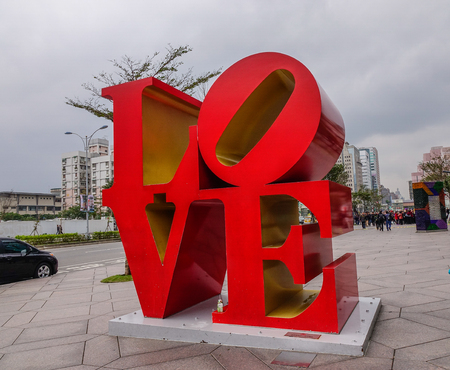 Taipei, Taiwan - Jan 8, 2016. Famous Love sign outside the Taipei 101 Building. The Taipei 101 was officially classified as the world tallest in 2004.のeditorial素材