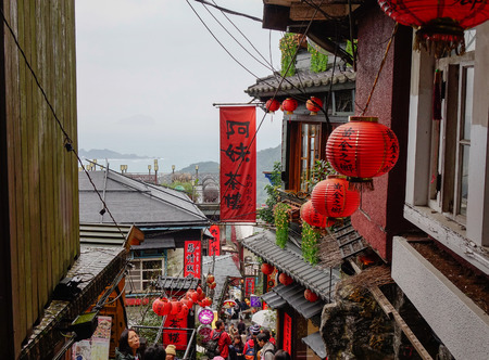 Jiufen, Taiwan - Jan 7, 2016. Ancient town of Jiufen, Taiwan. Jiufen is a popular tourist area with great views a historical market street.のeditorial素材