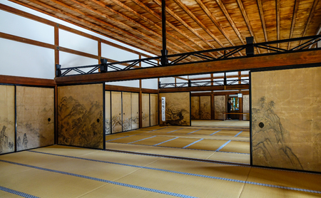 Kyoto, Japan - Dec 26, 2015. Interior of a traditional Japanese palace with rice paper doors in Kyoto, Japan.のeditorial素材