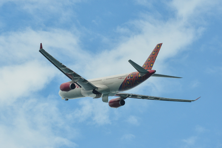Phuket, Thailand - Apr 23, 2018. An Airbus A330-300 airplane of Thai Lion Air taking-off from Phuket International Airport (HKT).のeditorial素材