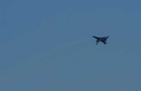 Singapore - Feb 10, 2018. A Saab JAS 39 Gripen aircraft flying on display near Changi Air Base,...