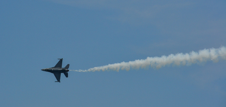 Singapore - Feb 10, 2018. A Saab JAS 39 Gripen aircraft flying on display near Changi Air Base,...