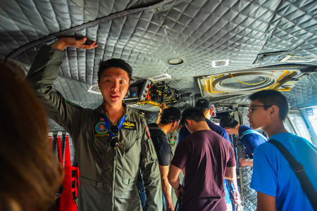 Singapore - Feb 10, 2018. People visiting inside the transport aircraft of Singapore Air Force (RSAF) in Changi, Singapore.のeditorial素材