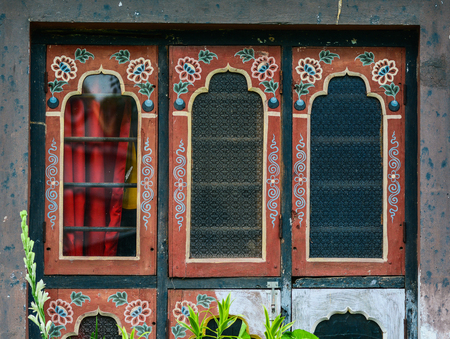 Windows of Bhutanese Buddhist temple in Bodhgaya, India. Bodh Gaya is the most revered of all Buddhist sacred sites.の写真素材