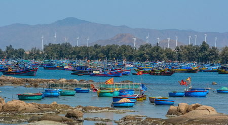 Phan Thiet, Vietnam - Mar 25, 2016. Wooden boats docking at Co Thach Fishing Village in Phan Thiet, Vietnam.のeditorial素材
