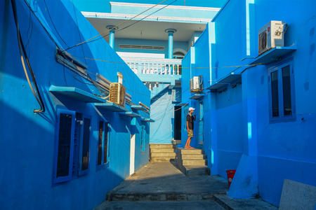 Nha Trang, Vietnam - Mar 25, 2016. Blue house at fishing village in Nha Trang, Vietnam.のeditorial素材