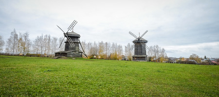 Historic log windmills at ancient village in Suzdal, Russia.