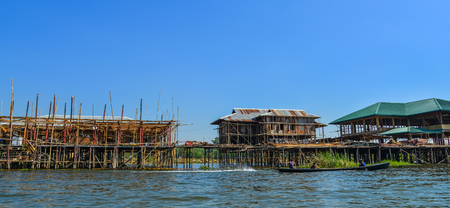 Inle Lake, Myanmar - Feb 7, 2018. Wooden houses in floating village on Inle Lake, Myanmar. Inle Lake a freshwater lake located in Shan State.のeditorial素材