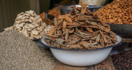 Dried nuts and herbal for sale at local market in Old Delhi, India.の写真素材