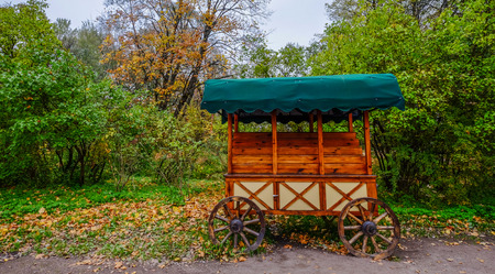 Vintage wooden cart at autumn park in Saint Petersburg, Russia.の写真素材