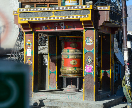 Leh, India - Jul 15, 2015. Tibetan Buddhist prayer wheel at the temple in Leh, India.のeditorial素材