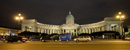 St. Petersburg, Russia - Oct 11, 2016. View of the Kazan Cathedral (Kazanskiy Kafedralniy Sobor) at night in Saint Petersburg, Russia.のeditorial素材