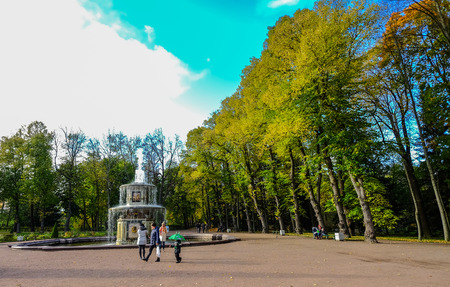 St. Petersburg, Russia - Oct 9, 2016. Roman Fountain in the Lower Garden of Peterhof. Peter the Great first mentions the Peterhof site in his journal in 1705.のeditorial素材