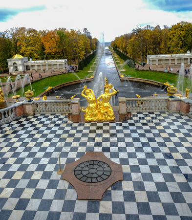 St. Petersburg, Russia - Oct 9, 2016. Grand Cascade of Peterhof Palace. Peter the Great first mentions the Peterhof site in his journal in 1705.のeditorial素材