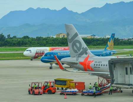 Da Nang, Vietnam - Jul 23, 2018. Passenger airplanes docking at Da Nang International Airport (DAD).のeditorial素材