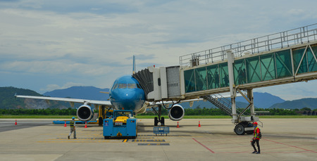 Da Nang, Vietnam - Jul 23, 2018. An Airbus A321 airplane of Vietnam Airlines docking at Da Nang International Airport (DAD).のeditorial素材