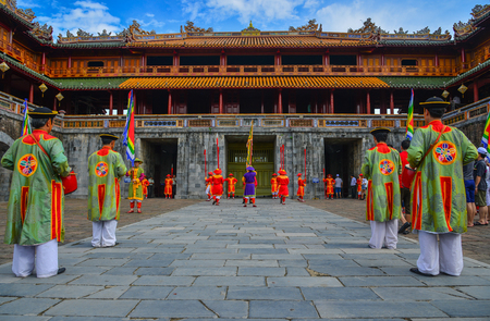 Hue, Vietnam - Jul 21, 2018. The royal guards parade marching to the Hue Imperial City (The Citadel) for change of guards cermony.のeditorial素材