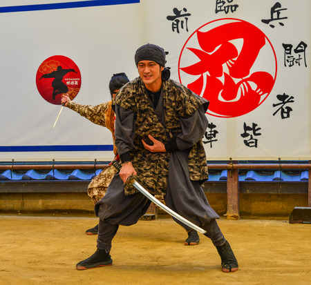 Iga City, Japan - Mar 17, 2018. People wearing Ninja costume and teaching at the Ninja School in Iga City, Japan.のeditorial素材