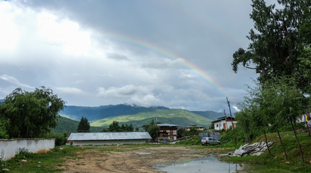 Thimphu, Bhutan - Aug 6, 2015. A mountain village at misty day in Thimphu, Bhutan.のeditorial素材