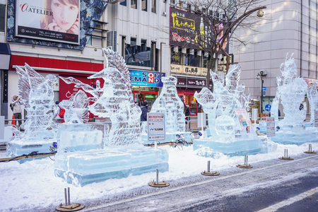 Sapporo, Japan - Feb 5, 2015. Ice sculptures on the pedestrian street in Sapporo, Japan. Sapporo is capital of the mountainous northern island of Hokkaido.のeditorial素材