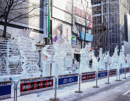Sapporo, Japan - Feb 5, 2015. Ice sculptures on the pedestrian street in Sapporo, Japan. Sapporo is capital of the mountainous northern island of Hokkaido.のeditorial素材