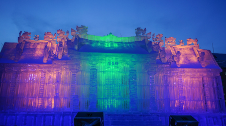 Sapporo, Japan - Feb 5, 2015. Ice sculptures on the pedestrian street at night in Sapporo, Japan.のeditorial素材