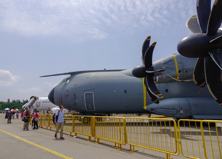 Singapore - Feb 10, 2018. A Lockheed C-130 Hercules aircraft of Royal Malaysian Air Force on display in Changi, Singapore.のeditorial素材