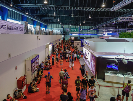 Singapore - Feb 11, 2018. People visit the aviation equipment exhibition in Changi, Singapore.のeditorial素材