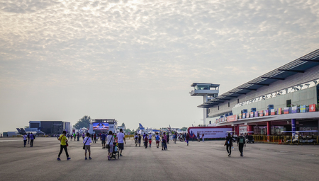 Singapore - Feb 9, 2018. Visitors at airplane exhibition in Singapore. Singapore is a sovereign city-state and island country in Southeast Asia.のeditorial素材