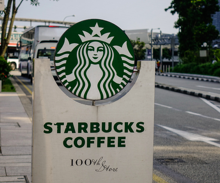 Singapore - Feb 9, 2018. Banner of 100th Starbucks Store in Singapore in downtown of Singapore.のeditorial素材