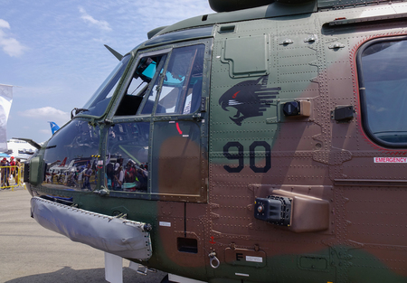 Singapore - Feb 10, 2018. Details of AS332M Super Puma helicopter of Singapore Air Force (RSAF) on display in Changi, Singapore.のeditorial素材