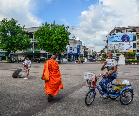 Chiang Mai, Thailand - Jun 22, 2016. A Buddhist monk walking on street in Chiang Mai, Thailand. Chiang Mai (Chiengmai) is the largest city in Northern Thailand.のeditorial素材