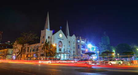 Yangon, Myanmar - Feb 1, 2017. Night street of Yangon, Myanmar. Yangon is Myanmar largest city and its most important commercial centre.のeditorial素材