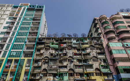 Yangon, Myanmar - Feb 1, 2017. Old apartments in Yangon, Myanmar. Yangon is Myanmar largest city and its most important commercial centre.のeditorial素材