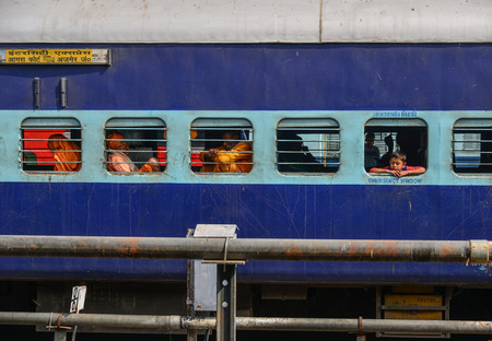 Varanasi, India - Nov 5, 2017. A local train stopping at railway station in Varanasi, India. Varanasi is the holiest of the seven sacred cities in Buddhism and Hinduism.のeditorial素材
