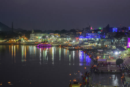 Pushkar, India - Nov 5, 2017. View of Pushkar lake and the town at night. Pushkar is a pilgrimage site for Hindus and Sikhs, located in state of Rajasthan.のeditorial素材