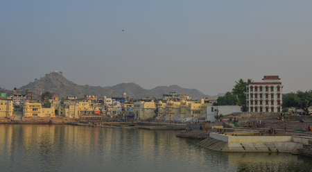 Pushkar, India - Nov 5, 2017. View of Pushkar lake and the town. Pushkar is a pilgrimage site for Hindus and Sikhs, located in the state of Rajasthan.のeditorial素材