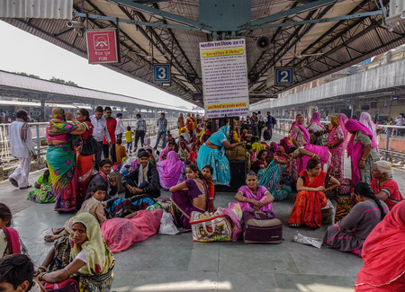 Ajmer, India - Nov 5, 2017. People waiting at railway station in Ajmer, India. India Railway is the fourth-largest railway network in the world by size.のeditorial素材