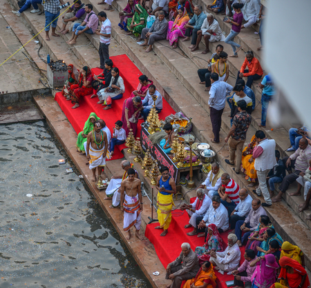 Pushkar, India - Nov 5, 2017. Pilgrims at holy site in Pushkar, India. Pushkar is a pilgrimage site for Hindus and Sikhs, located in state of Rajasthan.のeditorial素材